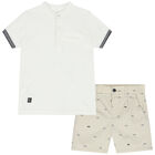 Younger Boys White & Beige Polo & Shorts Set, 2, hi-res