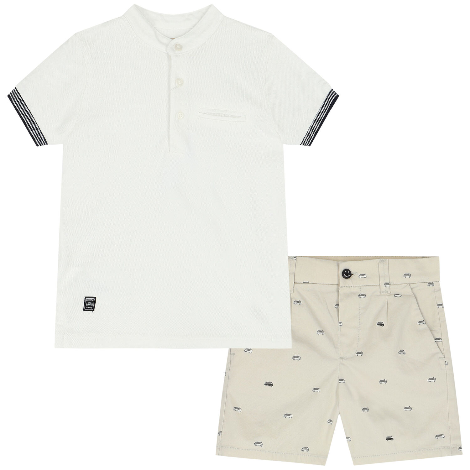 Younger Boys White & Beige Polo & Shorts Set, 2, hi-res
