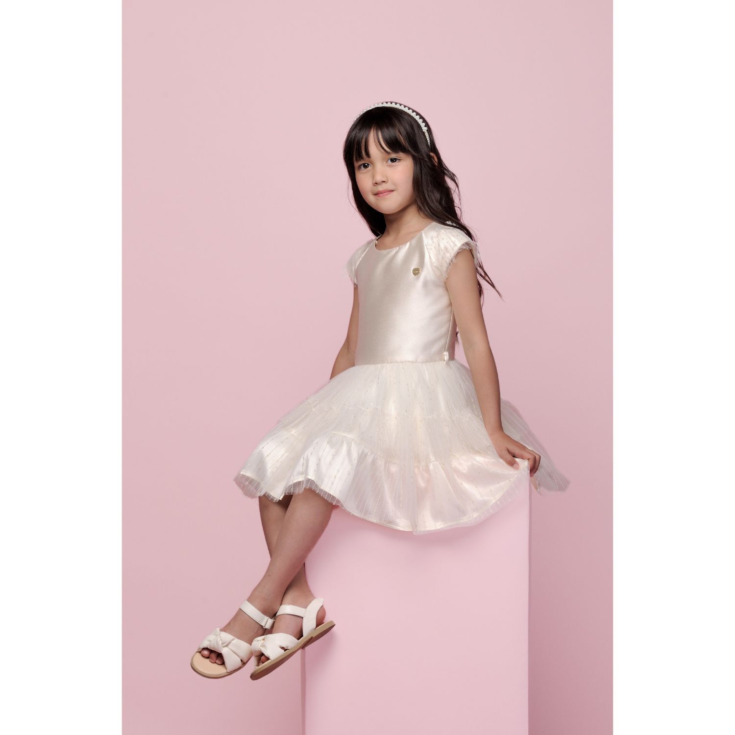 Girls Ivory Logo Tulle Dress, 1, hi-res image number null