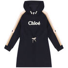 Girls Navy Blue Logo Hooded Dress, 1, hi-res