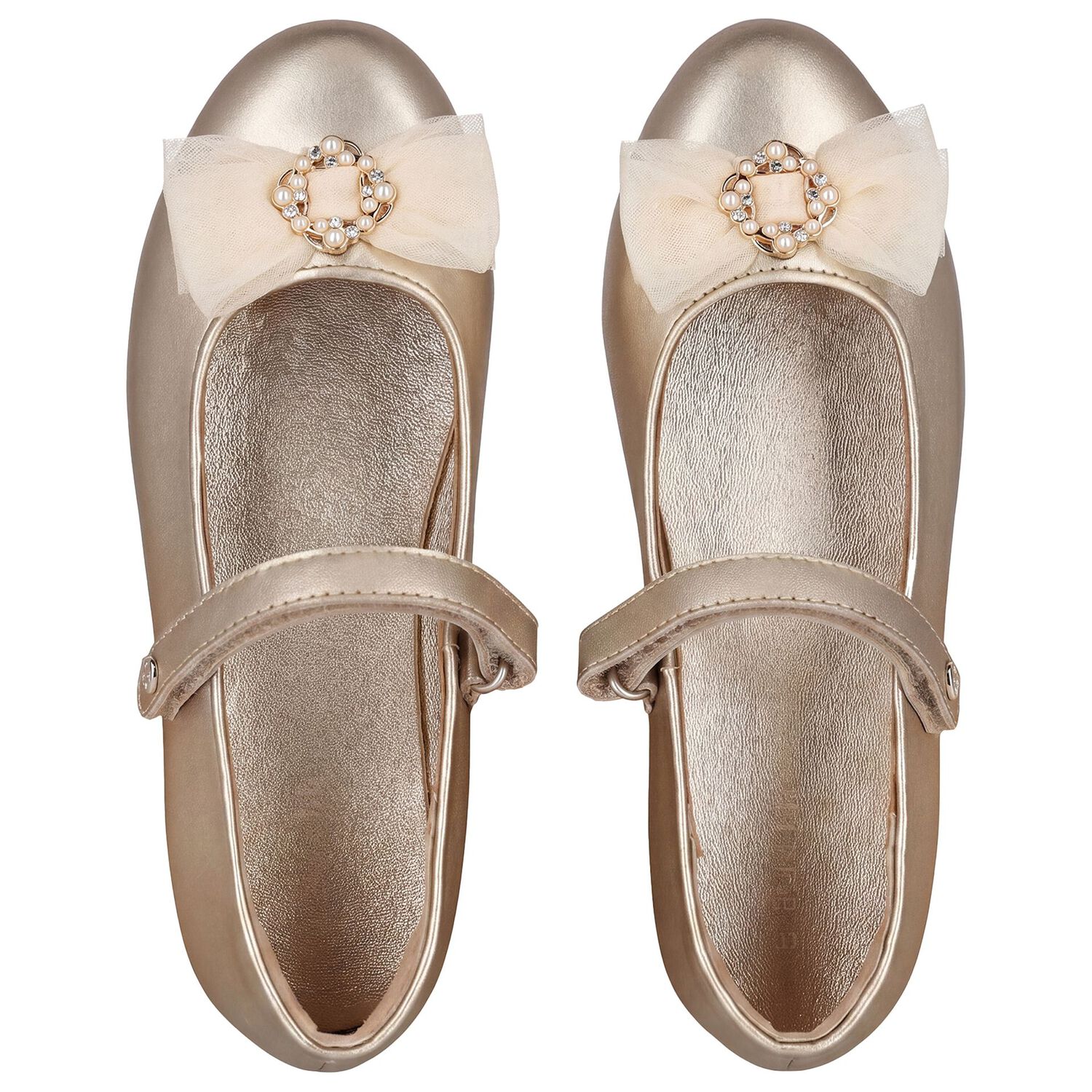 Girls Gold Leather Tulle Bow Shoes, 1, hi-res