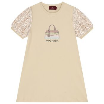 Girls Beige Bag Logo Dress