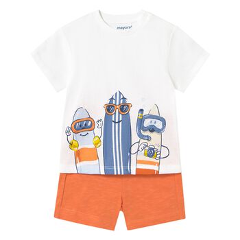 Younger Boys White & Orange Shorts Set