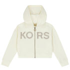 Girls Ivory Logo Hooded Zip Up Top, 1, hi-res