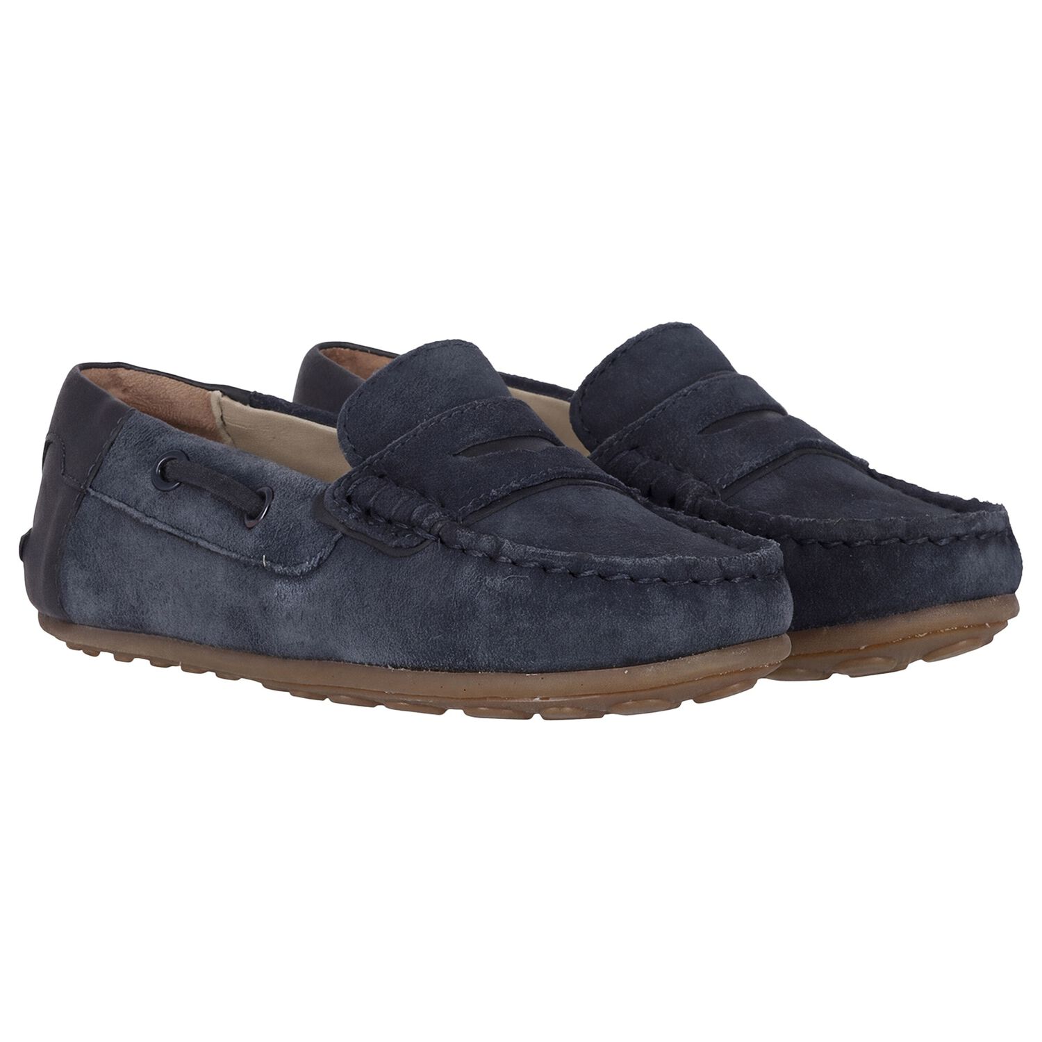 Boys Navy Blue Suede Leather Moccasins , 2, hi-res