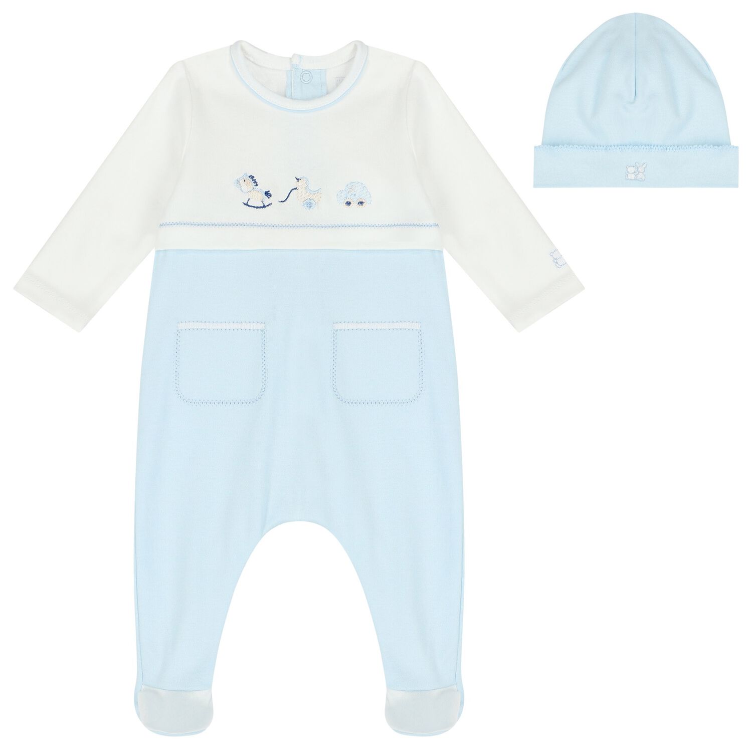 Baby Boys White & Blue Embroidered Babygrow Set, 1, hi-res
