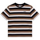 Boys Black, White & Beige Striped Logo T-Shirt, 1, hi-res