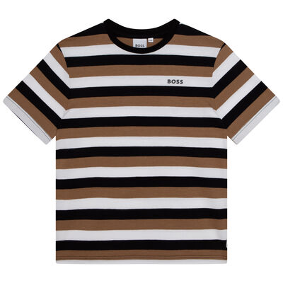 Boys Black, White & Beige Striped Logo T-Shirt