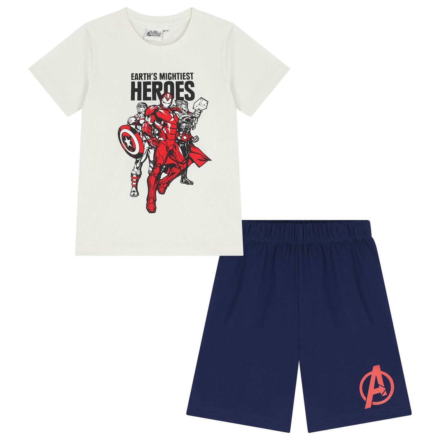 Boys White & Navy Blue Marvel Shorts Set, 1, hi-res