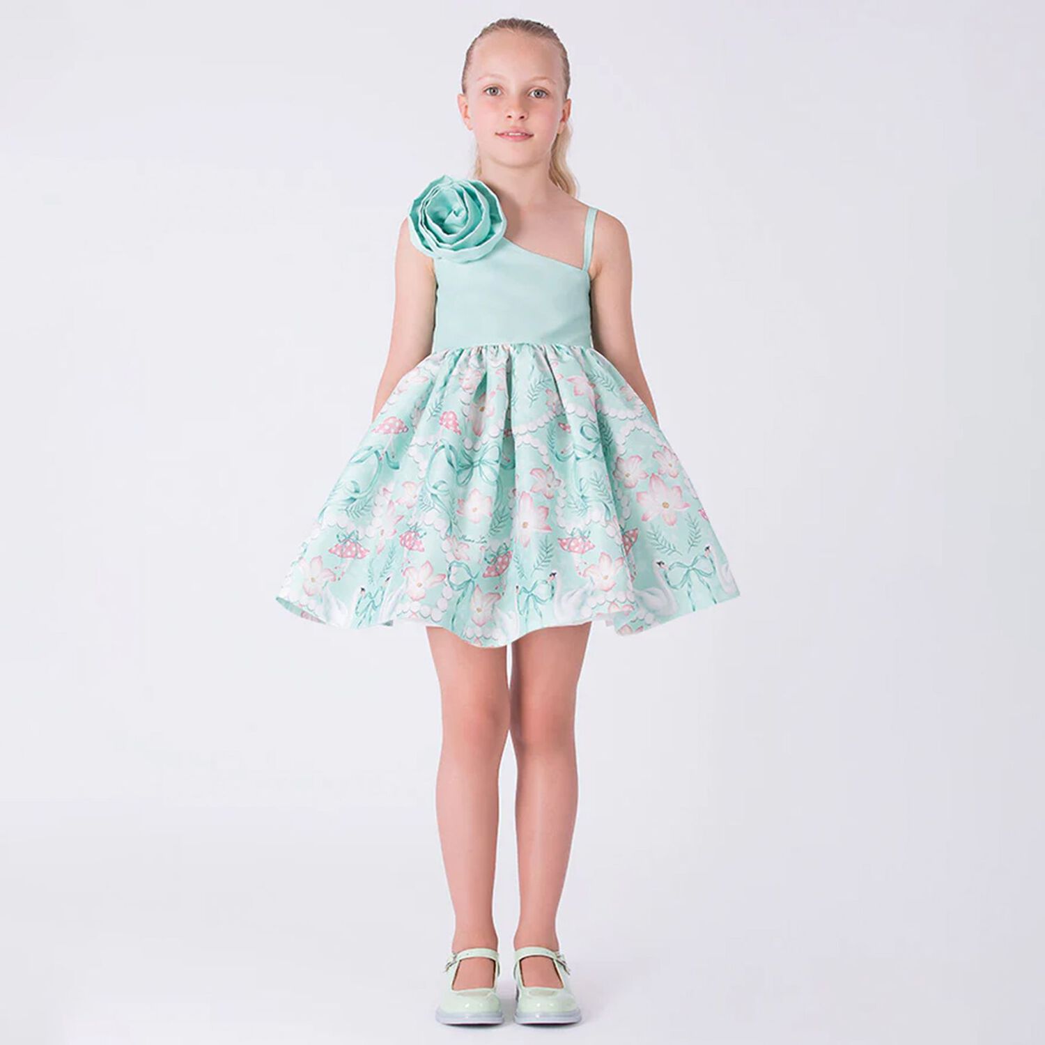 Girls Mint Green Floral Dress, 1, hi-res