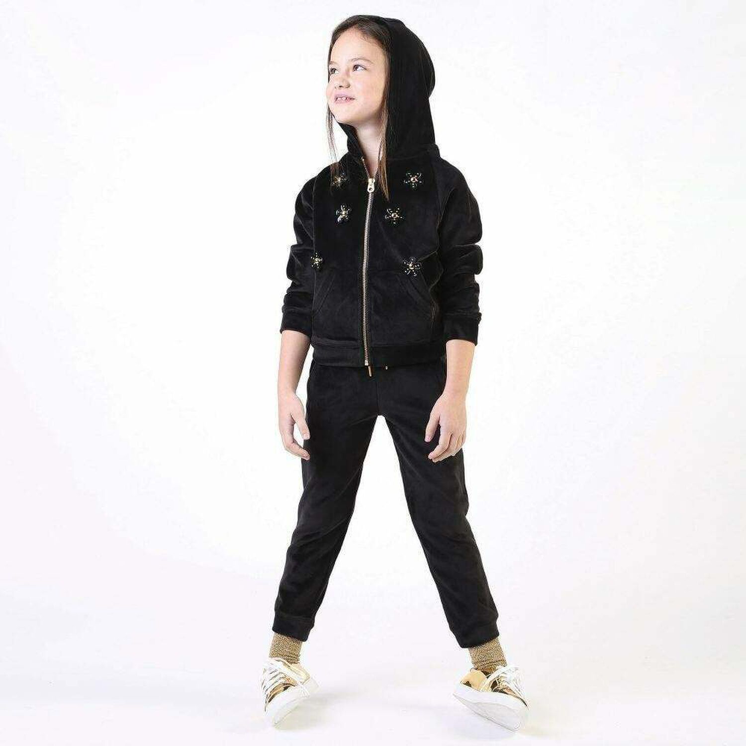 Girls Black Velour Hooded Top, 1, hi-res