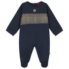Boys Navy Blue & Gold Logo Babygrow & Hat Gift Set, 1, hi-res