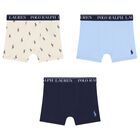 Boy Ivory, Blue  & Navy Blue Logo Boxer Shorts ( 3-Pack ), 2, hi-res