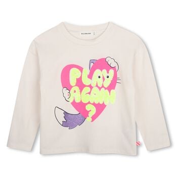Girls Ivory Sequin Cat Heart Long Sleeve Top