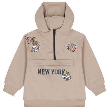 Boys Beige Logo Hooded Zip Up Top