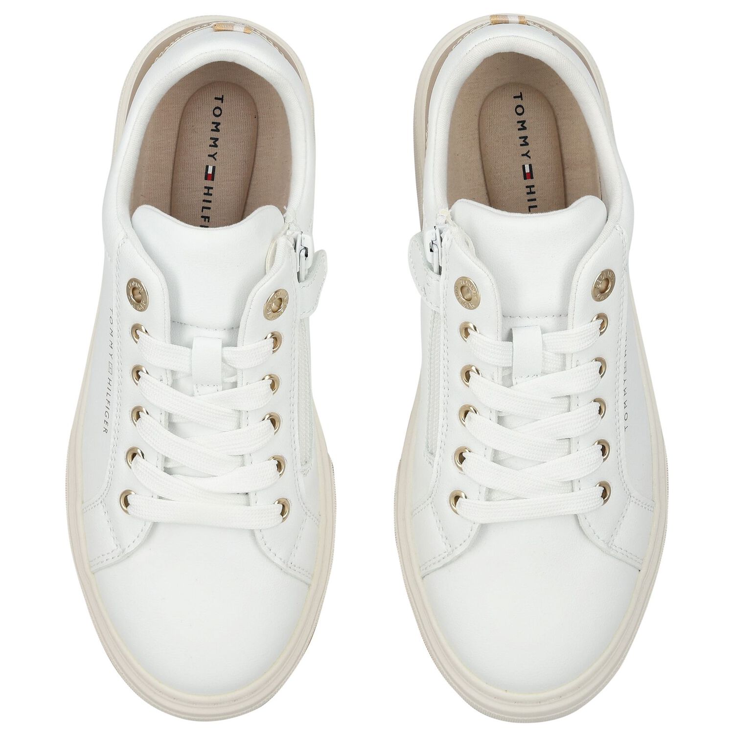 Girls White & Gold Logo Trainers, 1, hi-res