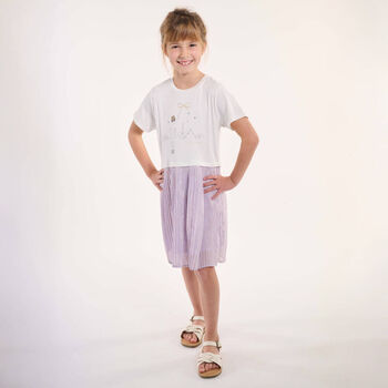 Girls White & Purple Logo Tulle Dress