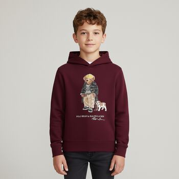 Boys Burgundy Polo Bear Logo Hooded Top