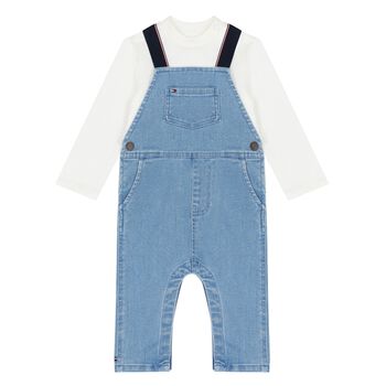 Baby Boys White & Blue Dungaree Set