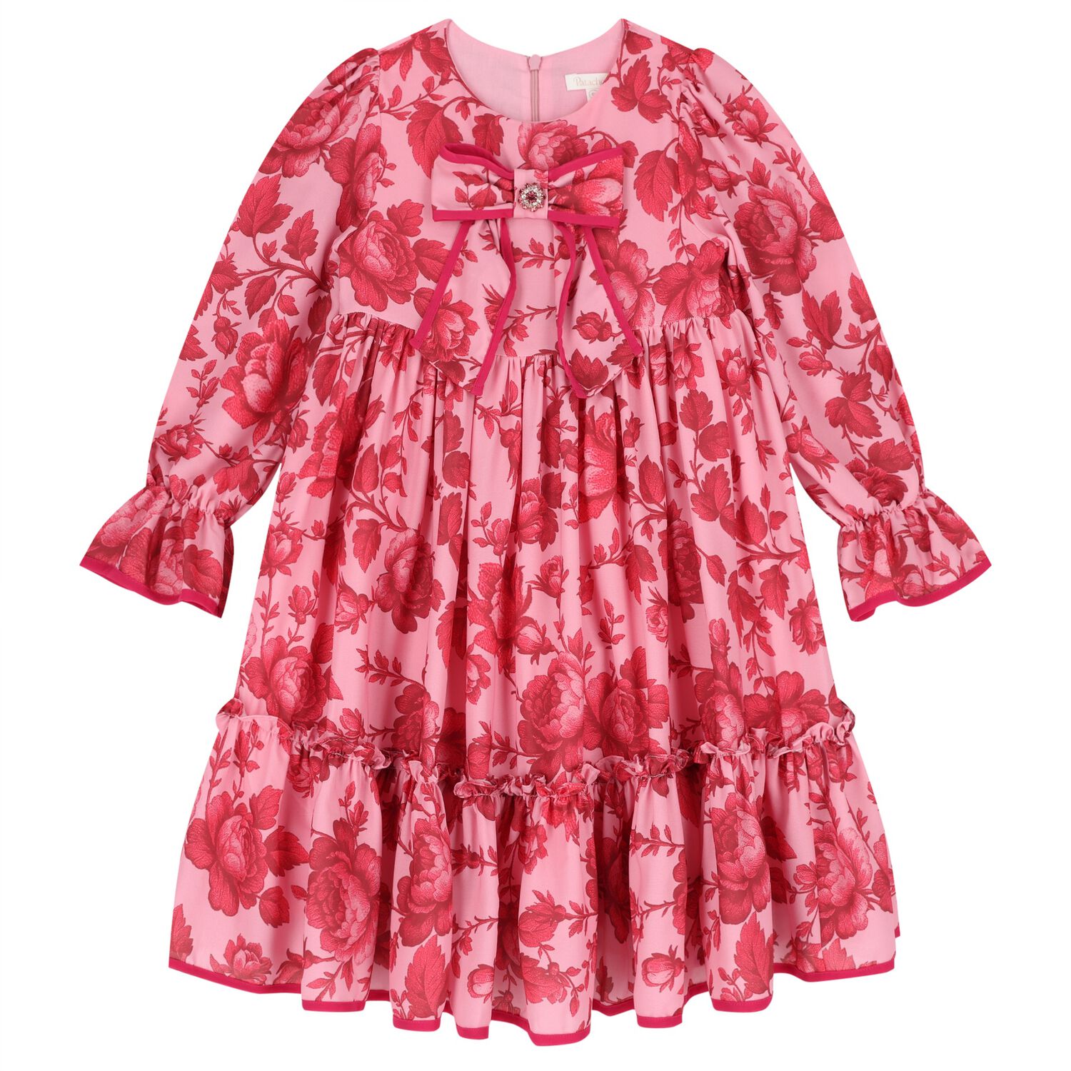 Girls Pink & Red Floral Chiffon Dress, 1, hi-res