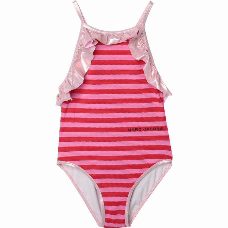 Girls Pink & Red Striped Logo Swimsuit, 1, hi-res image number null