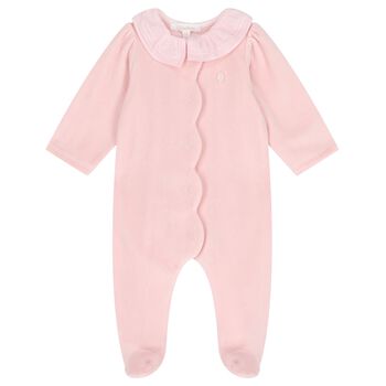 Baby Girls Pink Velour Ruffle Babygrow