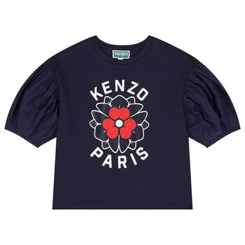 Girls Navy Blue Logo Flower T-Shirt