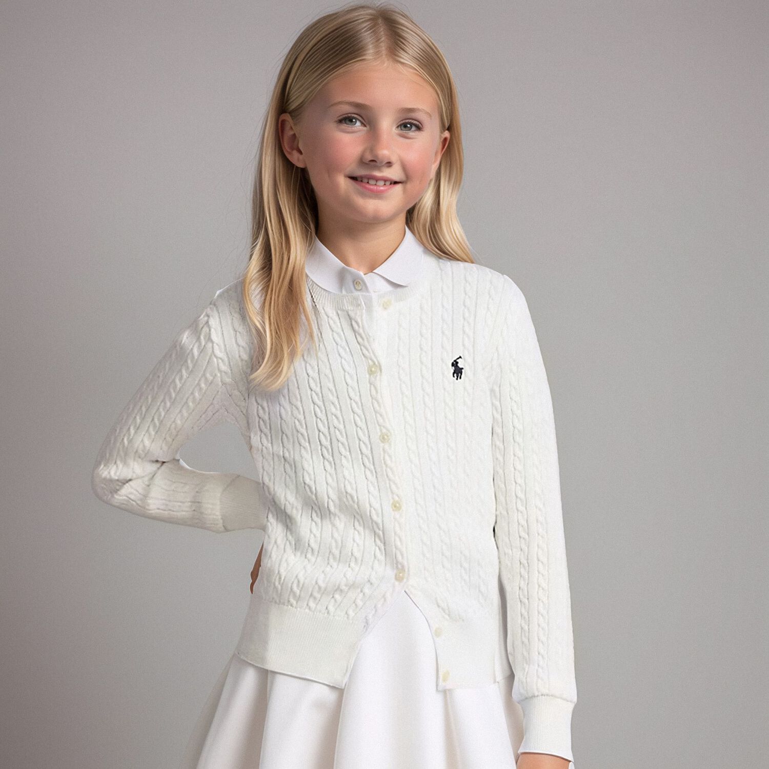 Girls Ivory Logo Cable Knit Cardigan, 1, hi-res