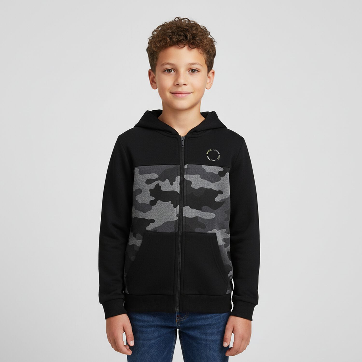 Boys Black Camo Zip Up Top, 1, hi-res