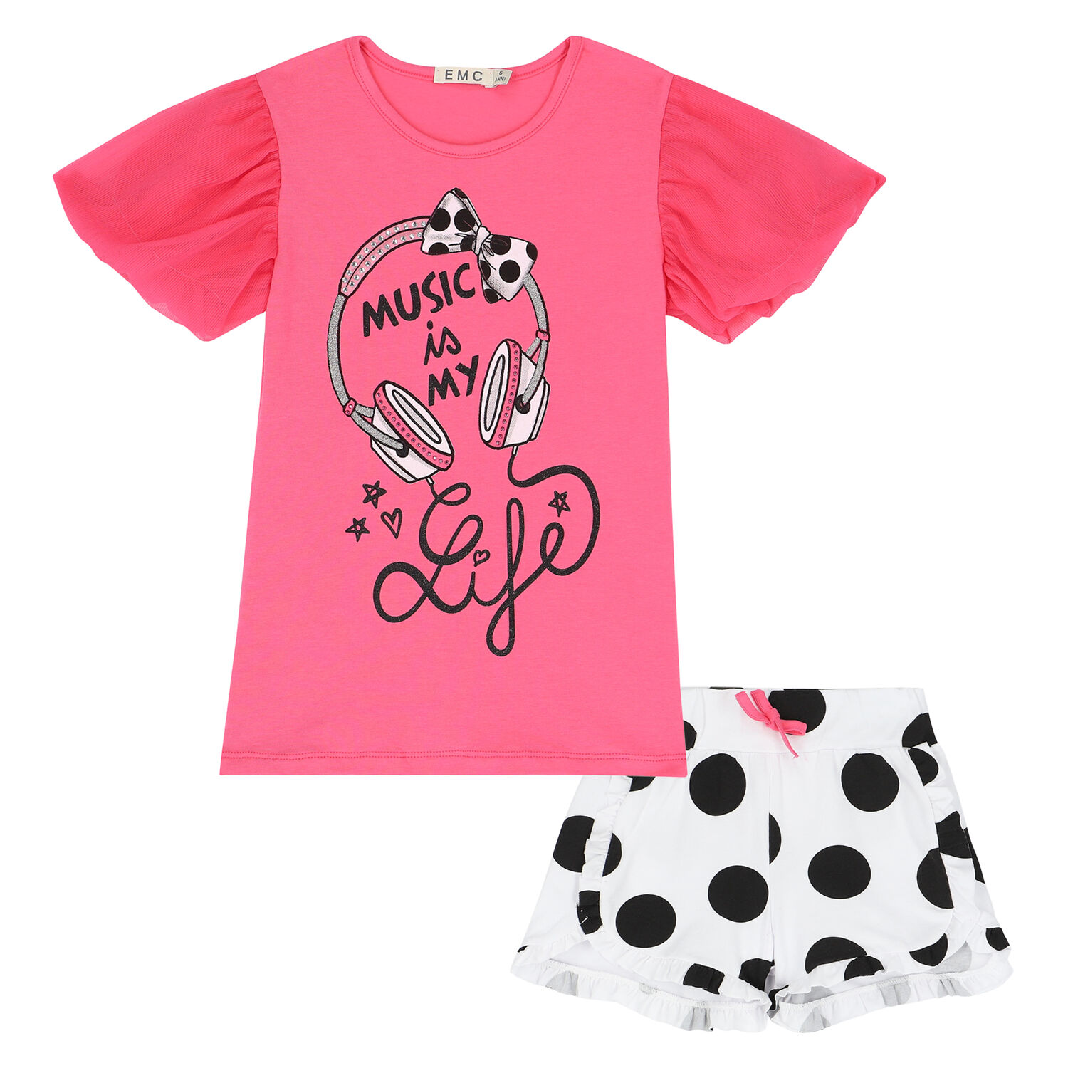 Girls Pink & White Headphone Shorts Set, 1, hi-res