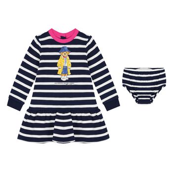 Baby Girls White & Navy Blue Dress Set
