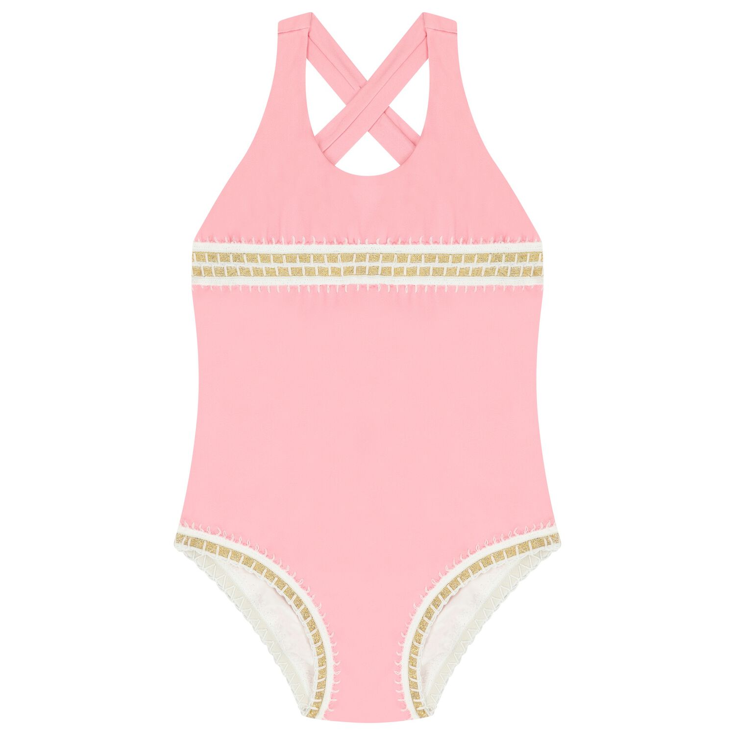 Girls Pink Embroidered Swimsuit, 1, hi-res