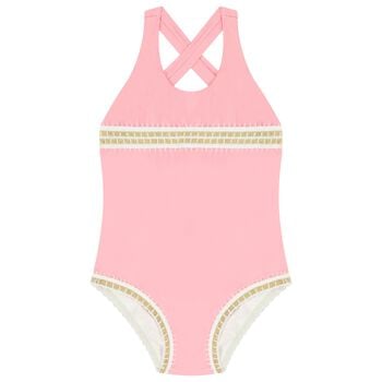Girls Pink Embroidered Swimsuit