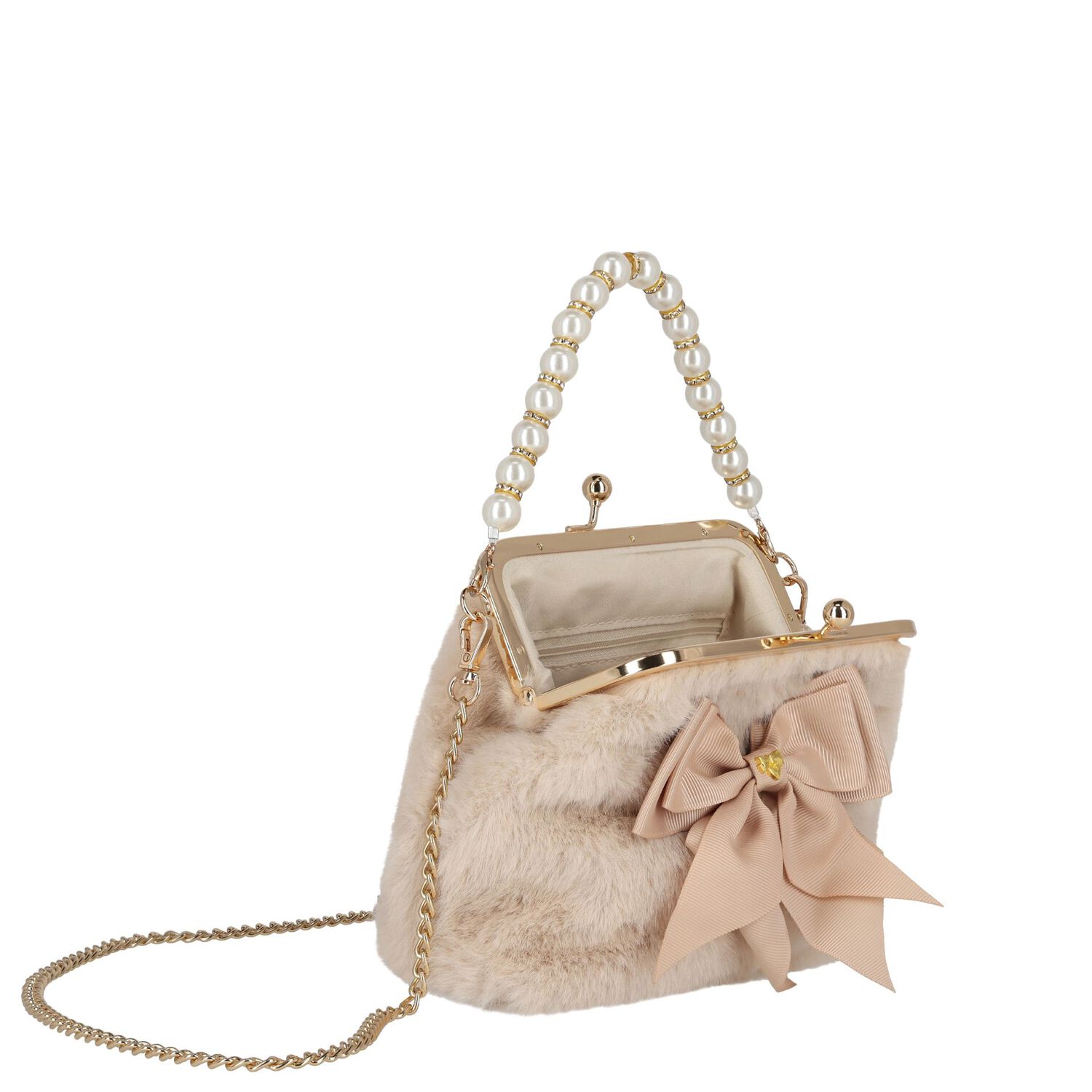 Girls Beige Faux Fur Handbag, 3, hi-res