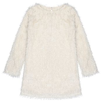 Girls Beige Metallic Fringed Dress