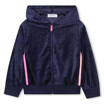 Girls Navy Blue & Pink Hooded Zip Up Top 