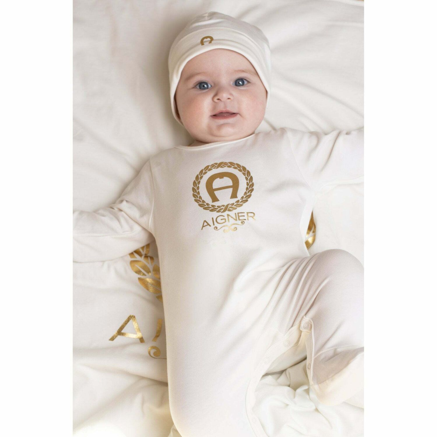 Ivory & Gold Logo Babygrow, 3, hi-res
