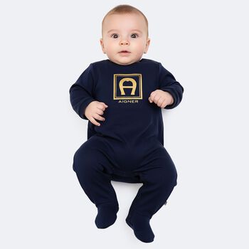 Baby Boys Navy Blue & Gold Logo Babygrow