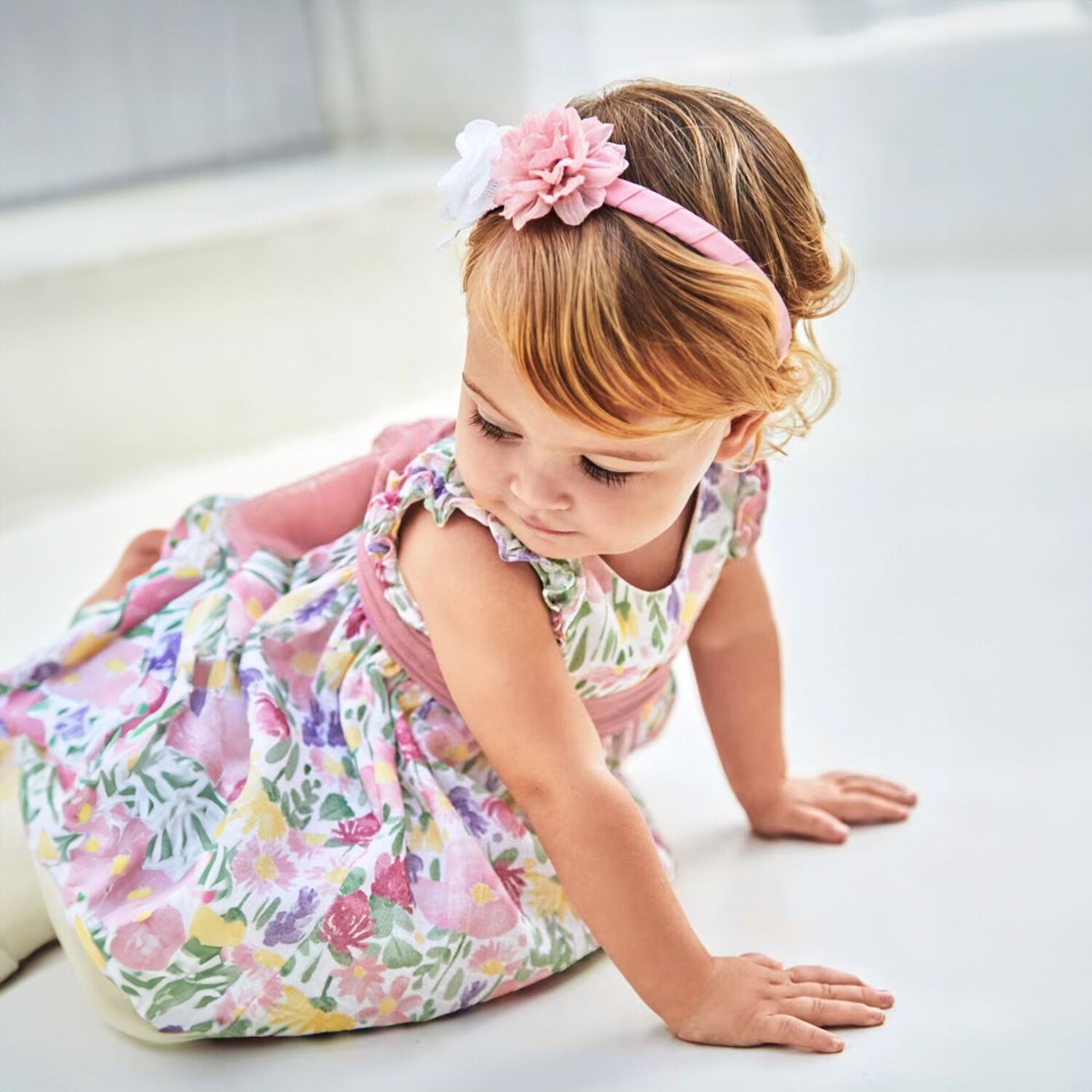 Younger Girls White, Green & Pink Floral Dress, 1, hi-res
