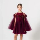 Girls Maroon Flower Cape Tulle Dress, 1, hi-res