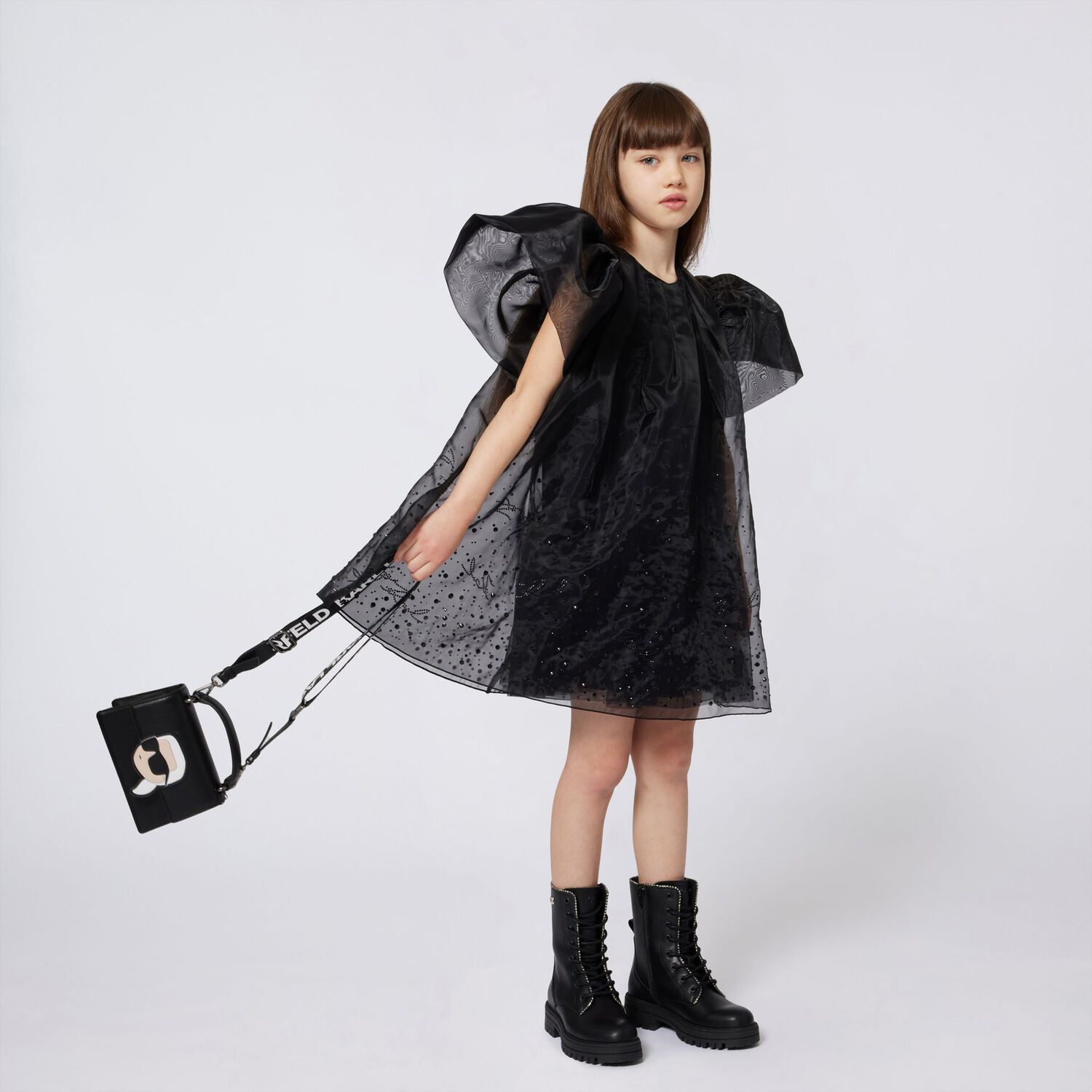 Girls Black Embellished Organza Dress, 1, hi-res