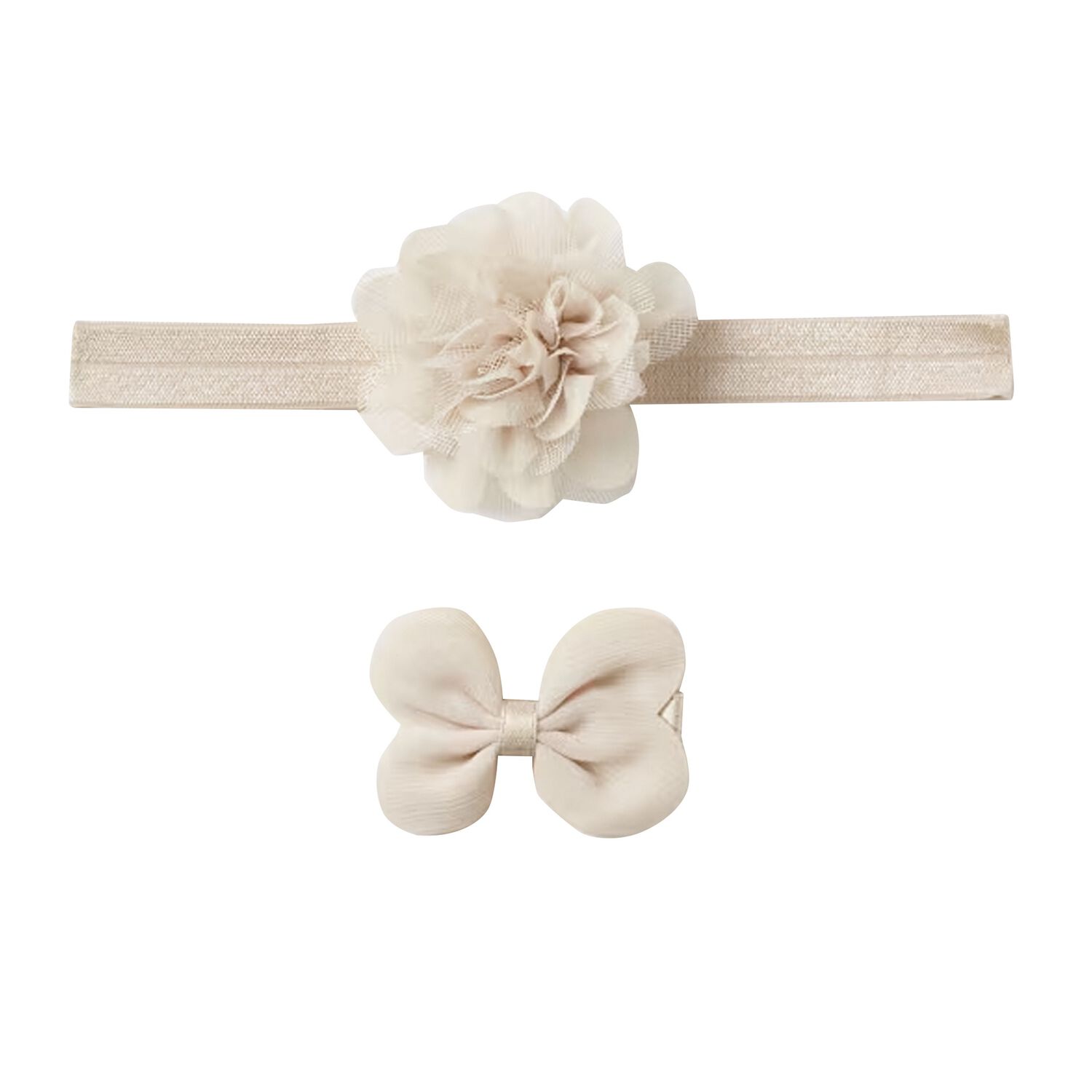 Baby Girls Beige Flower Headband & Clip Set, 2, hi-res