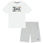 Boys White & Grey Logo Shorts & T-Shirt Set, 2, hi-res