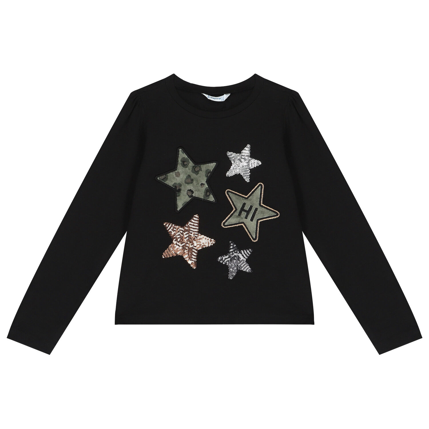 Girls Black Embellished Stars Long Sleeve Top, 1, hi-res