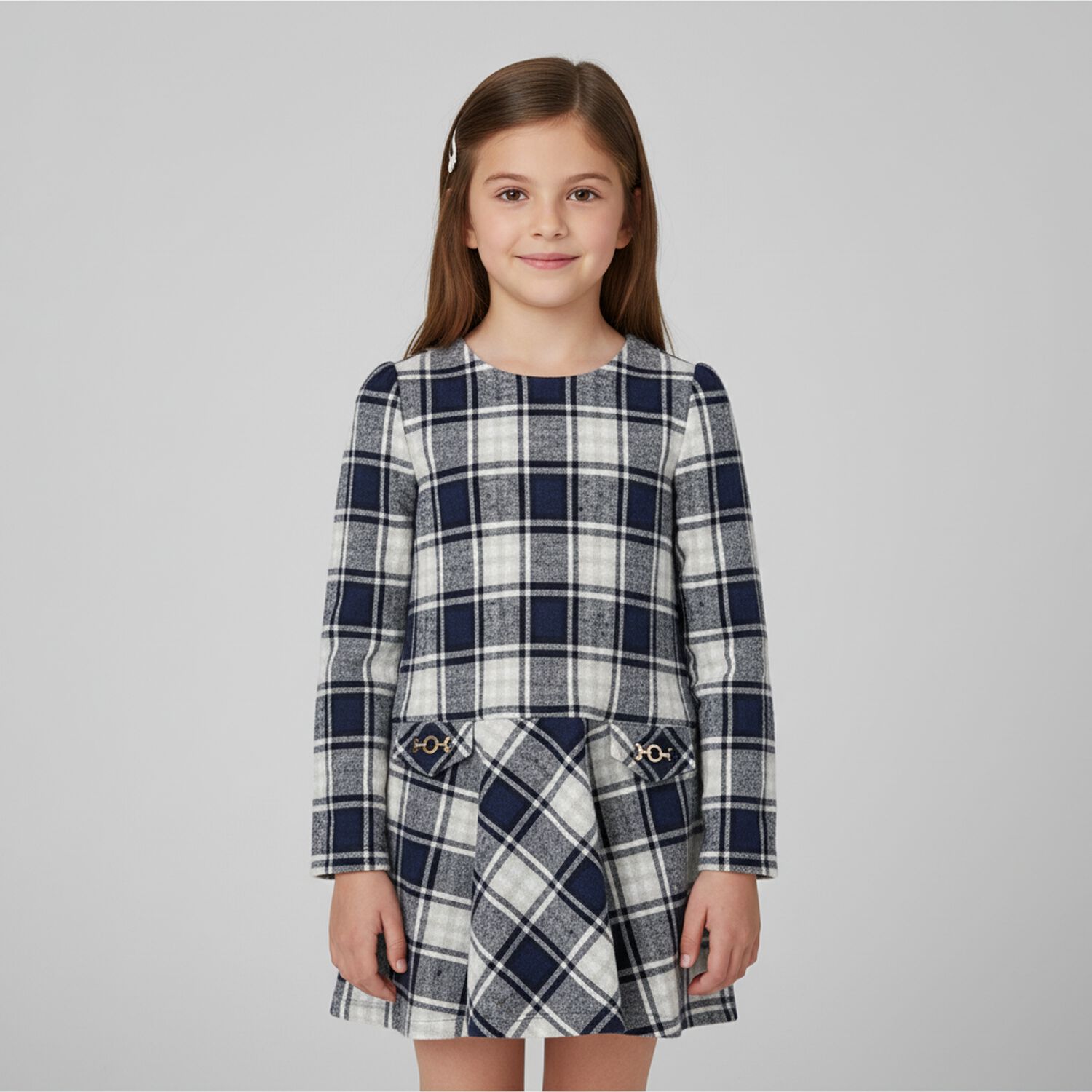 Girls Grey & Blue Check Dress, 2, hi-res image number null
