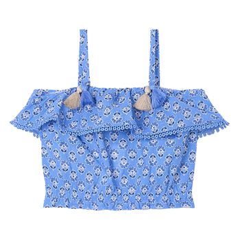 Girls Blue Ruffled Flower Printed Top