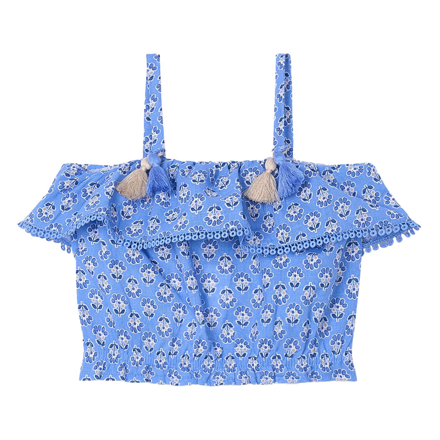 Girls Blue Ruffled Flower Printed Top, 2, hi-res image number null