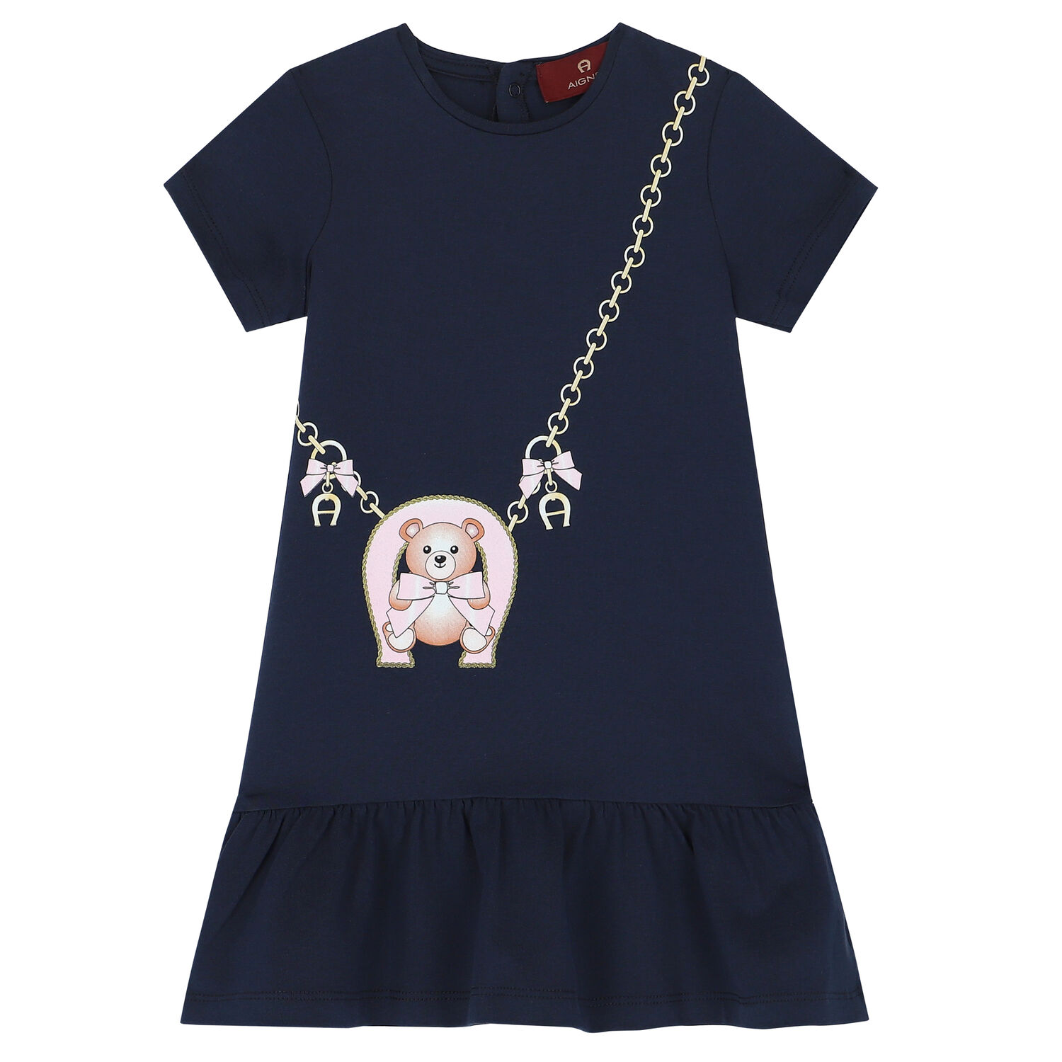 Younger Girls Navy Cotton Logo Dress, 1, hi-res