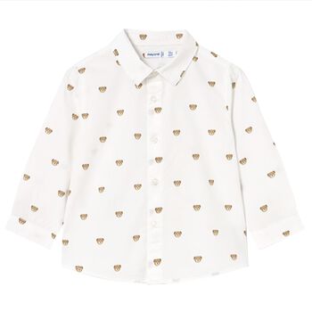 Younger Boys White & Beige Teddy Bear Shirt