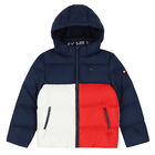 Boys Navy, Red & White Logo Hooded Puffer Jacket, 1, hi-res